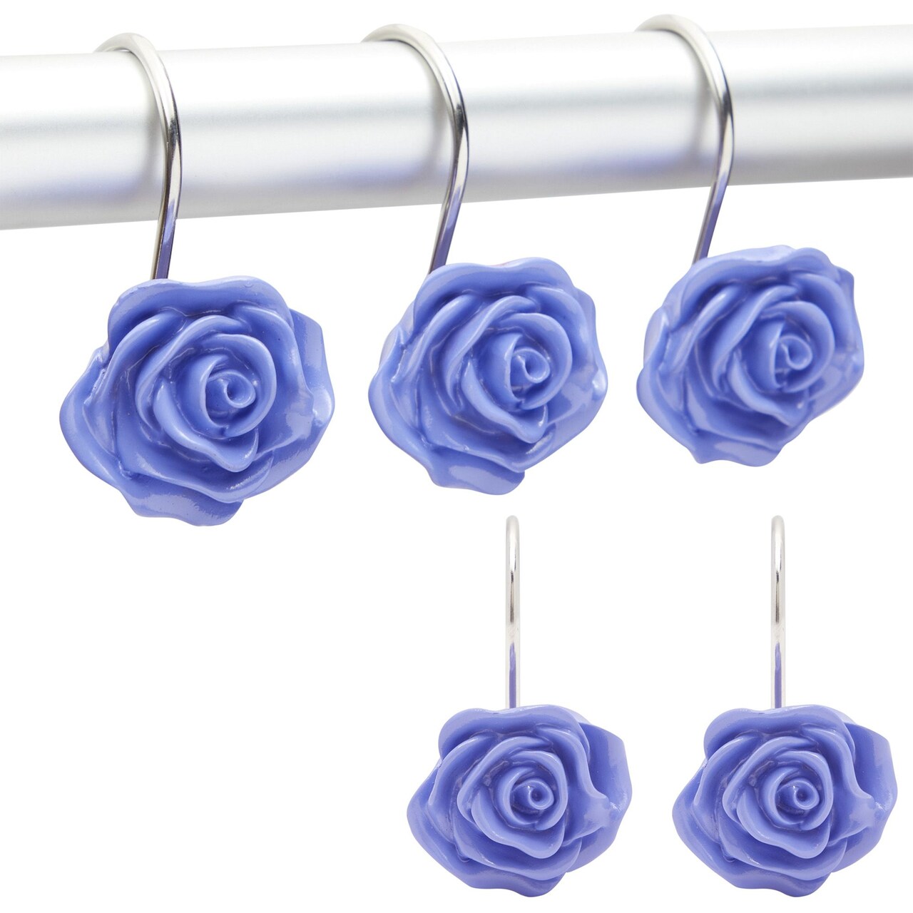 Purple Rose Shower Curtain Hooks, Flower Bathroom Decor (Stainless Steel, 12 Pack)